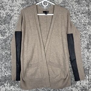 Aqua Cashmere Open Front Cardigan Sweater Womens XS Leather Trim Brown Cozy‎